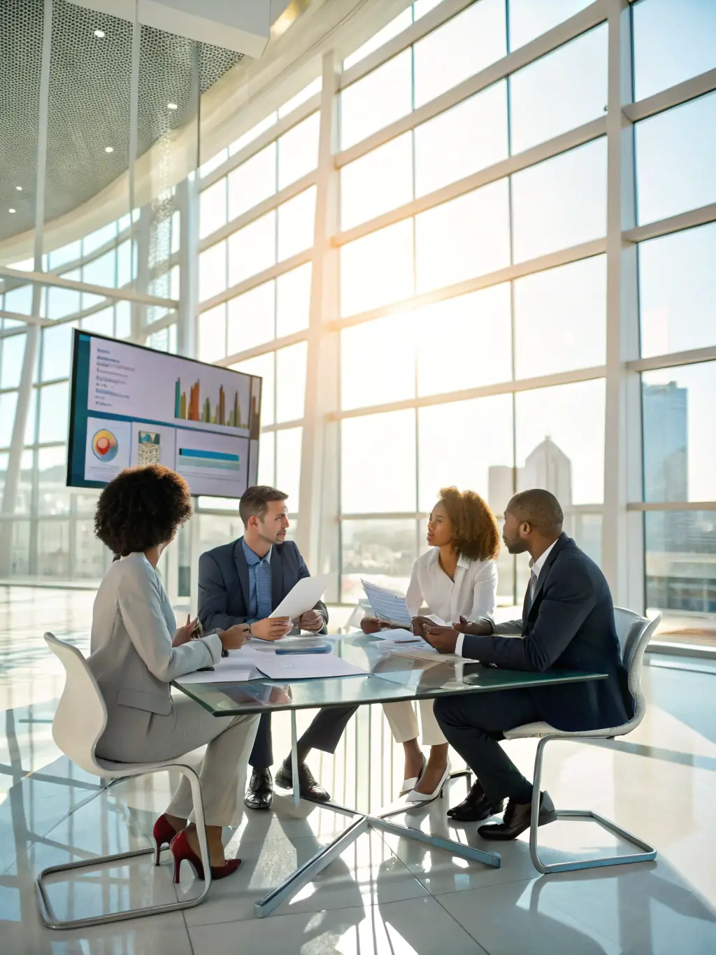 An image of a diverse team collaborating over strategic plans and data charts in a modern conference room, representing Fairchild Black's Strategic Planning service.