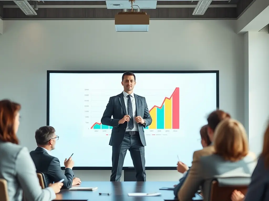 A consultant in a business suit is presenting a strategic plan to a team in a modern office setting, emphasizing growth opportunities.