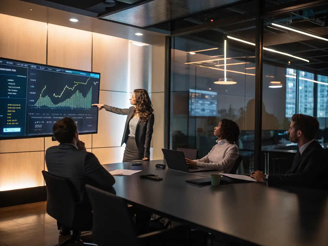 A strategic advisor presenting growth strategy insights on a digital display to a team in a boardroom.