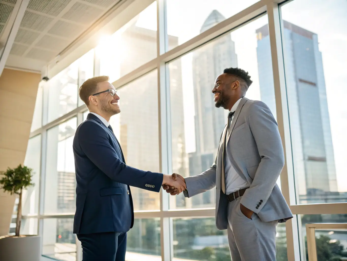 A professional in a suit shaking hands with another professional in a modern office setting, symbolizing a successful M&A deal closing.